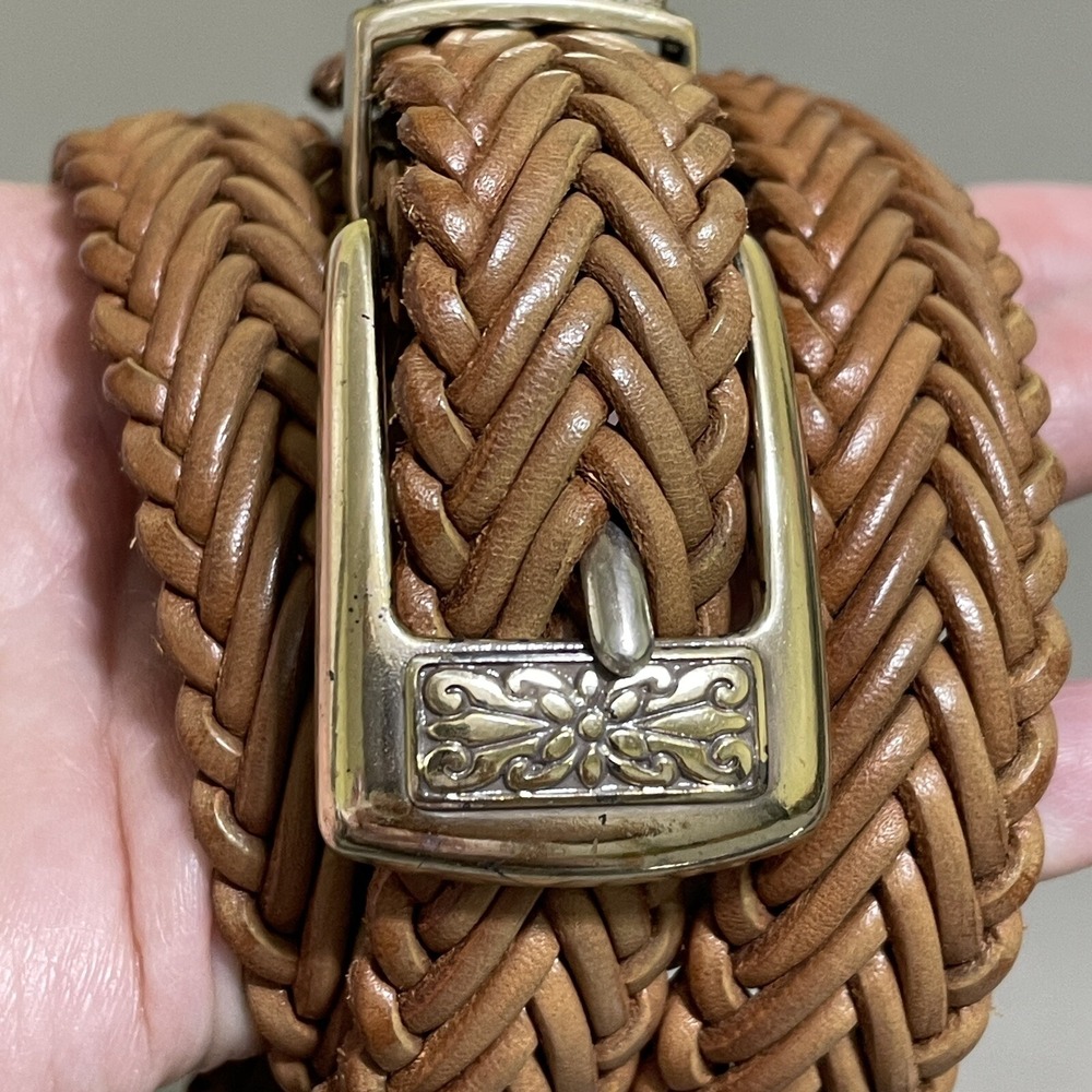 Vintage Leather Braided Belt Silver Hardware Brown Women's Adjustable 90s Woven
